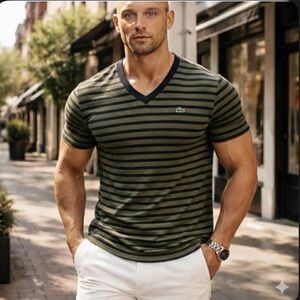 Lacoste Men's Olive and Navy Striped Tee
